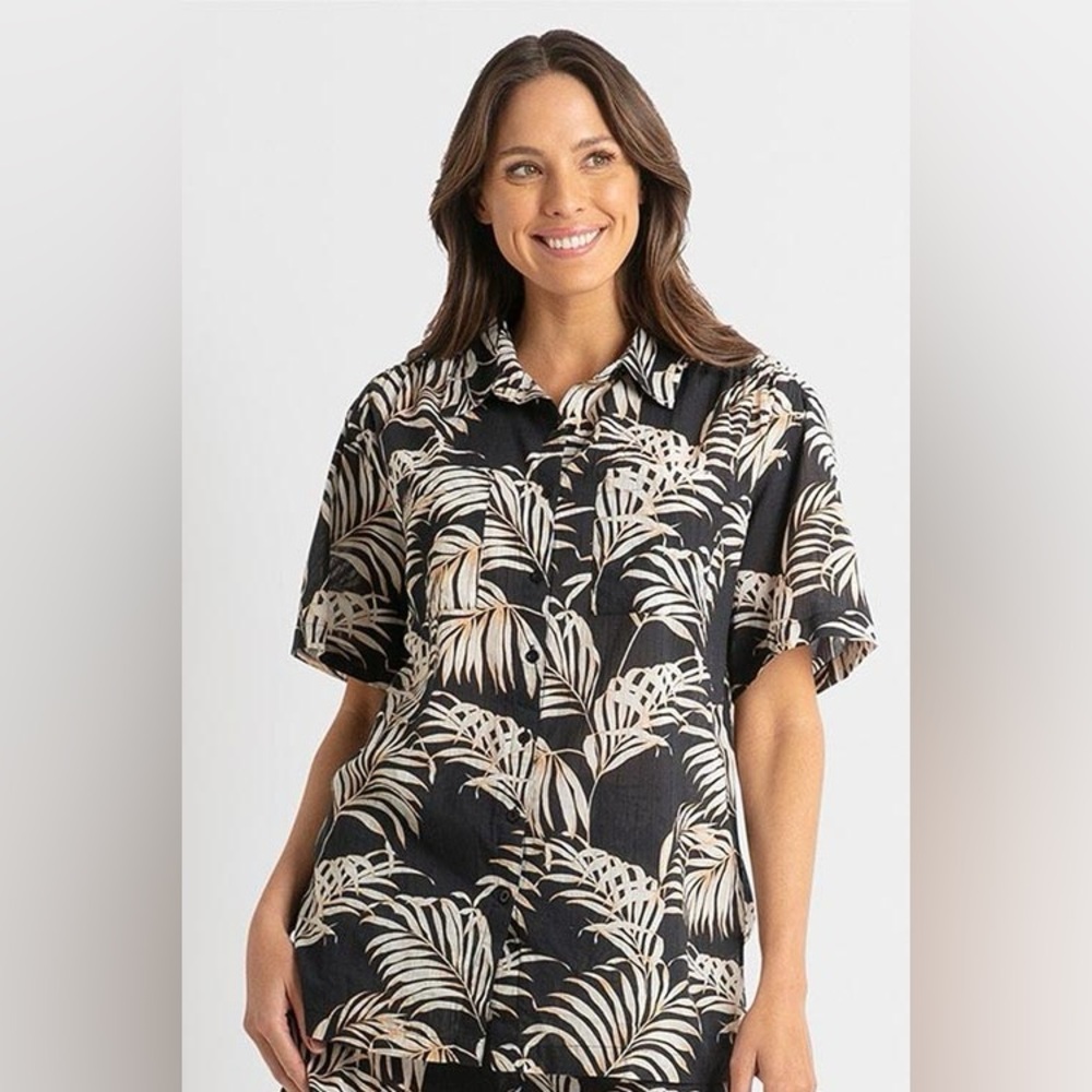 Splash- Black‎ and Cream Leaf Print Button Down Shirt Size XL